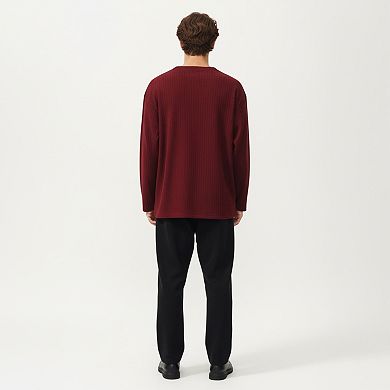 Men's Ribbed Long Sleeve Split Neck Top with Relaxed Fit