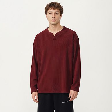Men's Ribbed Long Sleeve Split Neck Top with Relaxed Fit