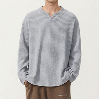 Men's Ribbed Long Sleeve Split Neck Top with Relaxed Fit