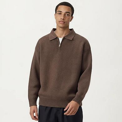 Men's Long Sleeve Collared Quarter Zip Knit Pullover Sweater with Ribbed Trim and Relaxed Fit