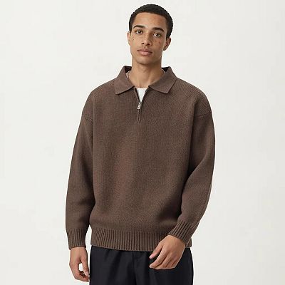 Men's Long Sleeve Collared Quarter Zip Knit Pullover Sweater with