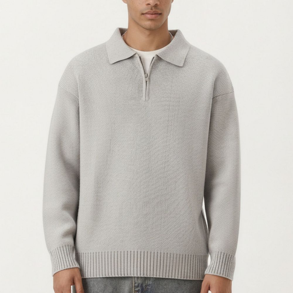 Men's Long Sleeve Collared Quarter Zip Knit Pullover Sweater with
