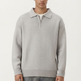 Men's Long Sleeve Collared Quarter Zip Knit Pullover Sweater with Ribbed Trim and Relaxed Fit