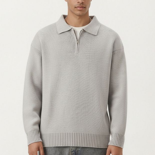 Men's Long Sleeve Collared Quarter Zip Knit Pullover Sweater with