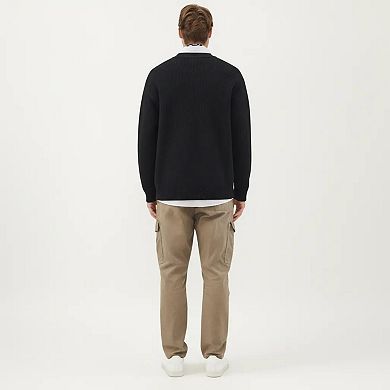 Men's Zip Front Knit Cardigan with Ribbed Trim and Patch Pockets