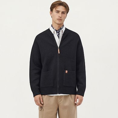 Men's Zip Front Knit Cardigan with Ribbed Trim and Patch Pockets