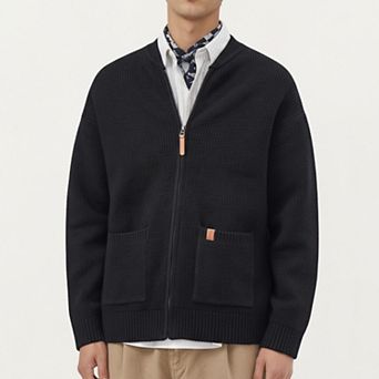 Men's Zip Front Knit Cardigan with Ribbed Trim and Patch Pockets