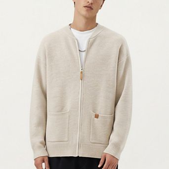 Men's Zip Front Knit Cardigan with Ribbed Trim and Patch Pockets