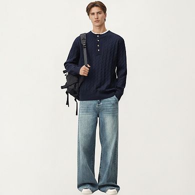 Men's Long Sleeve Cable Knit Henley Sweater with Button Placket and Ribbed Trim