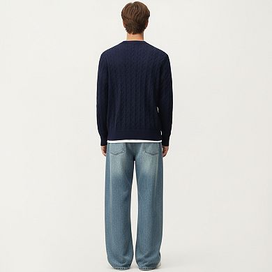 Men's Long Sleeve Cable Knit Henley Sweater with Button Placket and Ribbed Trim