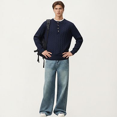 Men's Long Sleeve Cable Knit Henley Sweater with Button Placket and Ribbed Trim