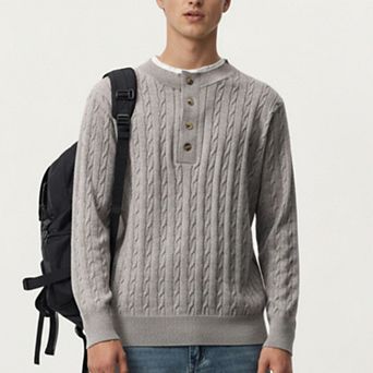 Men's Long Sleeve Cable Knit Henley Sweater with Button Placket and Ribbed Trim