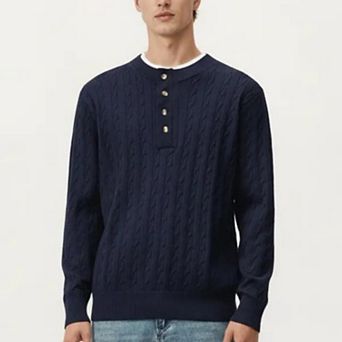 Men's Long Sleeve Cable Knit Henley Sweater with Button Placket and Ribbed Trim