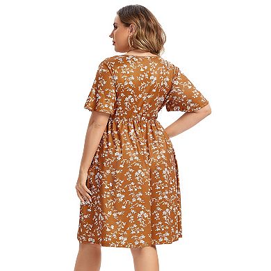 Women Plus Size V Neck Floral Dress with Pocket