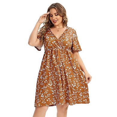 Women Plus Size V Neck Floral Dress with Pocket