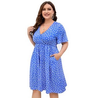 Women Plus Size V Neck Floral Dress with Pocket