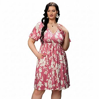 Women Plus Size V Neck Floral Dress with Pocket