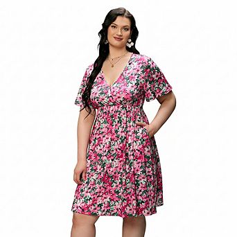 Women Plus Size V Neck Floral Dress with Pocket