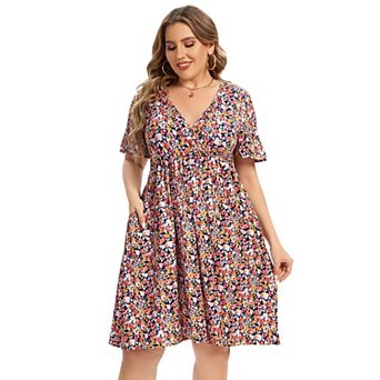 Women Plus Size V Neck Floral Dress with Pocket