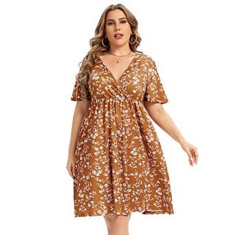 Women Plus Size V Neck Floral Dress with Pocket