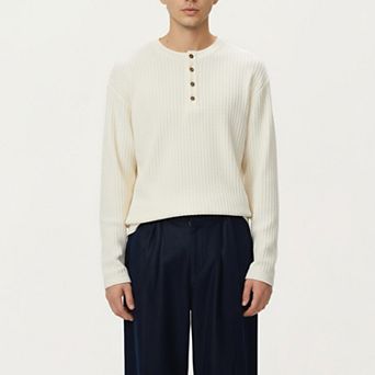 Men's Long Sleeve Ribbed Knit Henley Pullover with Button Placket and Relaxed Fit