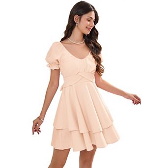 Women Mini Summer Dress Short Sleeve V Neck Ruffled Irregular Hem Sundress