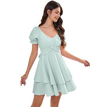 Women Mini Summer Dress Short Sleeve V Neck Ruffled Irregular Hem Sundress