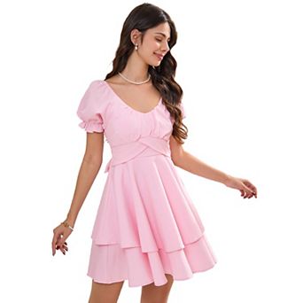 Women Mini Summer Dress Short Sleeve V Neck Ruffled Irregular Hem Sundress
