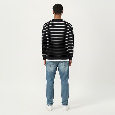 Men's Long Sleeve Striped Knit Pullover Top with Notch Neck and Ribbed Cuffs