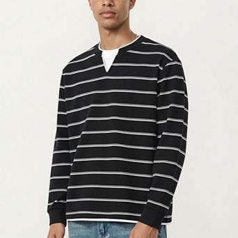Men's Long Sleeve Striped Knit Pullover Top with Notch Neck and Ribbed Cuffs
