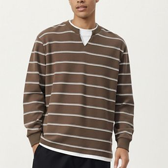 Men's Long Sleeve Striped Knit Pullover Top with Notch Neck and Ribbed Cuffs