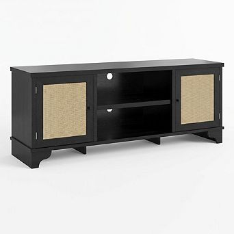 Rattan TV Stand for Living Room, Boho Entertainment Center,Wooden Console Cabinet w/Storage& Shelf