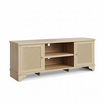 Rattan TV Stand for Living Room, Boho Entertainment Center,Wooden Console Cabinet w/Storage& Shelf