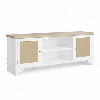 Rattan TV Stand for Living Room, Boho Entertainment Center,Wooden Console Cabinet w/Storage& Shelf