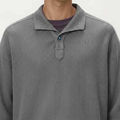 Men's Ribbed Long Sleeve Polo Sweater with Relaxed Fit and Soft Knit Texture