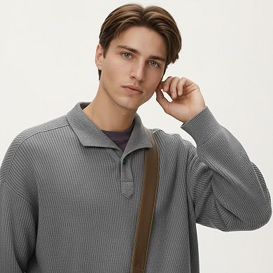 Men's Ribbed Long Sleeve Polo Sweater with Relaxed Fit and Soft Knit Texture