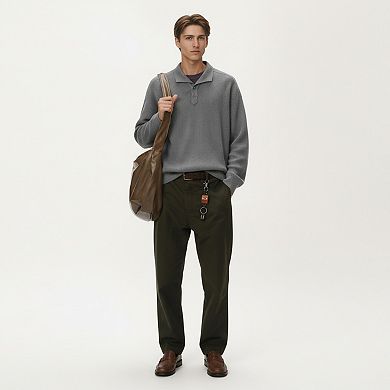 Men's Ribbed Long Sleeve Polo Sweater with Relaxed Fit and Soft Knit Texture