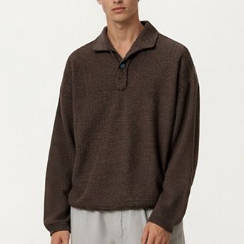 Men's Ribbed Long Sleeve Polo Sweater with Relaxed Fit and Soft Knit Texture