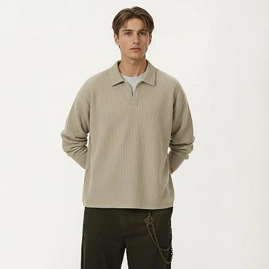 Men's Ribbed Long Sleeve Collared Pullover Top with Relaxed Fit