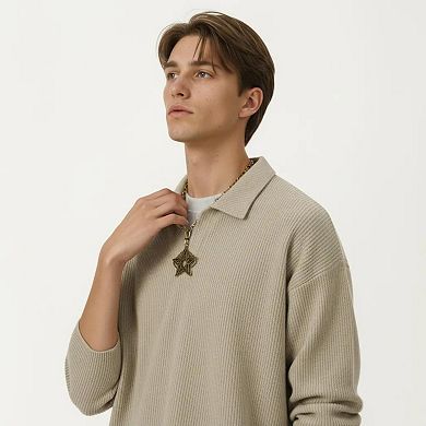 Men's Ribbed Long Sleeve Collared Pullover Top with Relaxed Fit