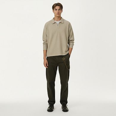 Men's Ribbed Long Sleeve Collared Pullover Top with Relaxed Fit