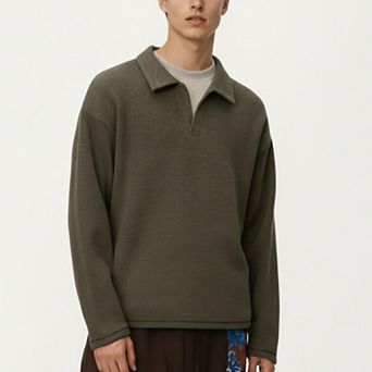 Men's Ribbed Long Sleeve Collared Pullover Top with Relaxed Fit