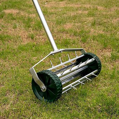 WOW PIONEER Heavy Duty Rolling Lawn Aerator Tool with Steel Handle Yard Maintenance