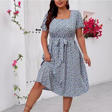 Plus Size Women's Printed Square Neck Short Sleeve Dress with Waist Belt