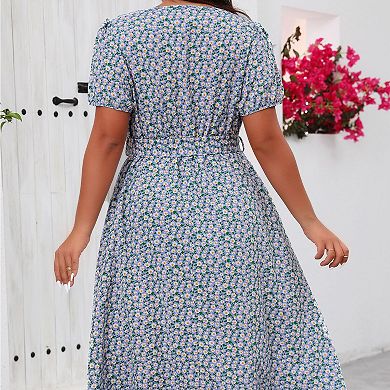 Plus Size Women's Printed Square Neck Short Sleeve Dress with Waist Belt