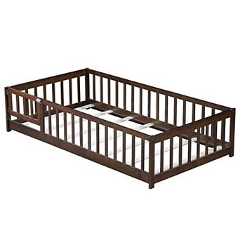 Whisen Rubber Wood Floor Bed with Safety Guardrails, Fence & Door
