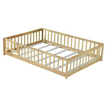 Whisen Rubber Wood Floor Bed with Safety Guardrails, Fence & Door