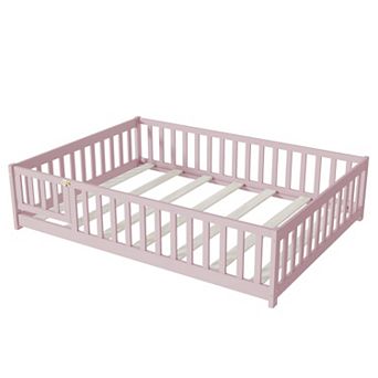 Whisen Twin Size Rubber Wood Floor Bed with Safety Guardrails, Fence and Door
