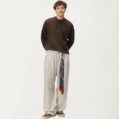 Men's Long Sleeve Ribbed Knit Henley Pullover with Button Placket and Relaxed Fit