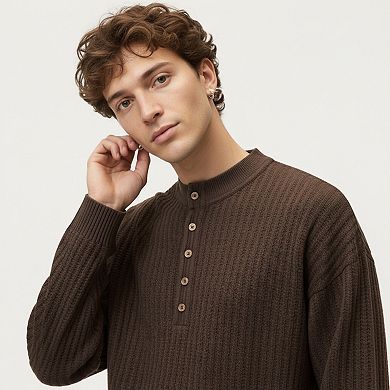 Men's Long Sleeve Ribbed Knit Henley Pullover with Button Placket and Relaxed Fit